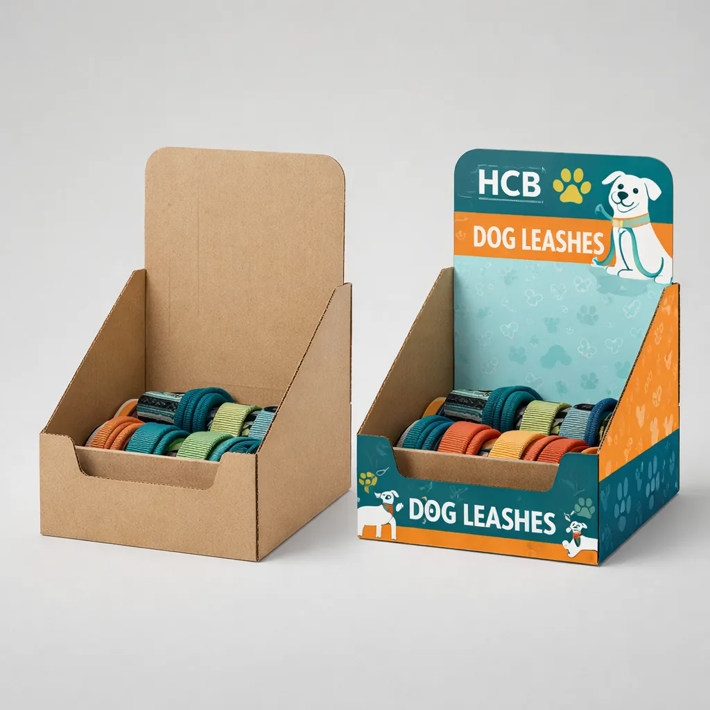 Cardboard counter display boxes for retail, featuring a dog illustration and HCB branding with colourful leashes. class=
